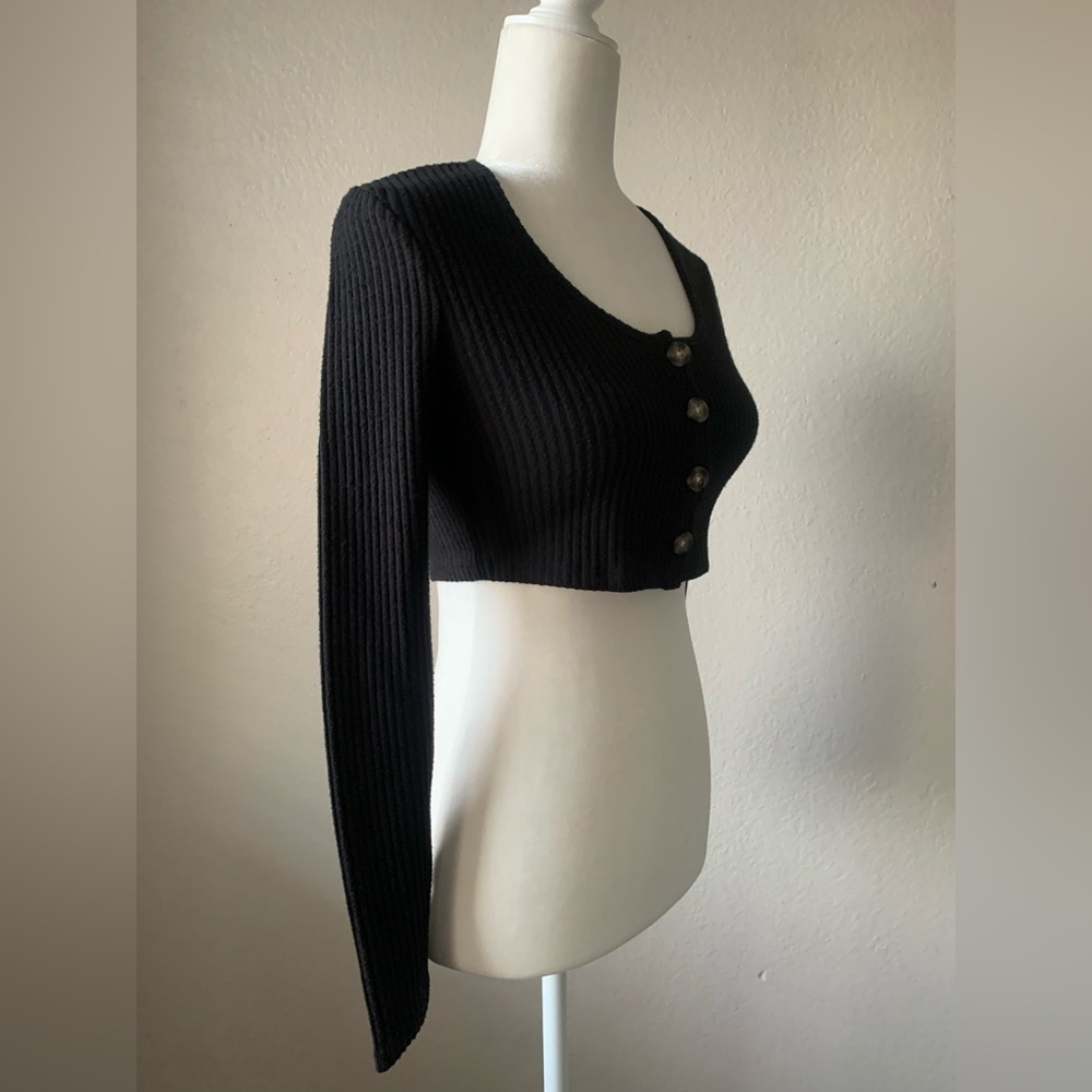 Lily Rose Black Ribbed Button-Up Crop Top Size Small - Picture 2 of 5